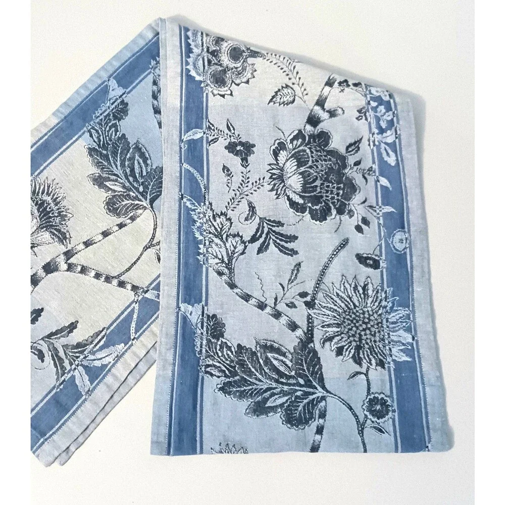 Williams Sonoma Table Runner Blue Linen Blend Floral Jacquard Print 15X100 Long